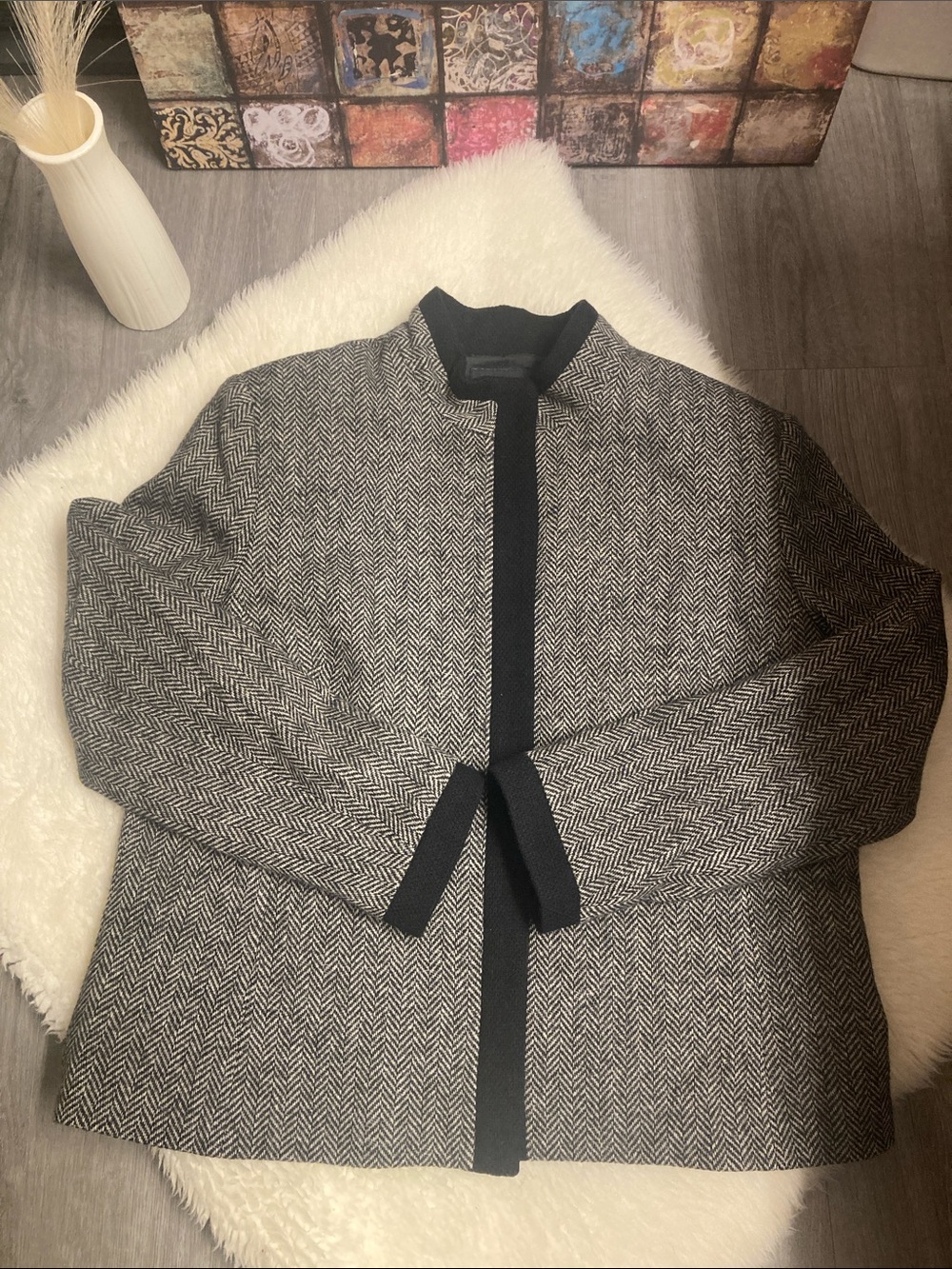 VINTAGE 100% Wool Herringbone Button Snap Jacket in Black & Gray Carrier Size 18
